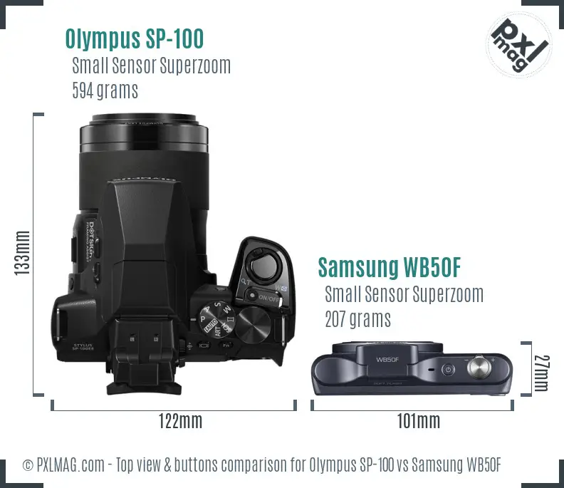 Olympus SP-100 vs Samsung WB50F top view buttons comparison Olympus SP-100 vs Samsung WB50F top view buttons comparison