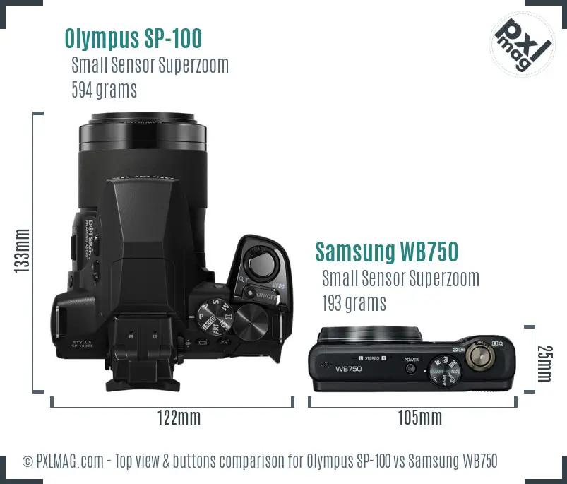 Olympus SP-100 vs Samsung WB750 top view buttons comparison Olympus SP-100 vs Samsung WB750 top view buttons comparison