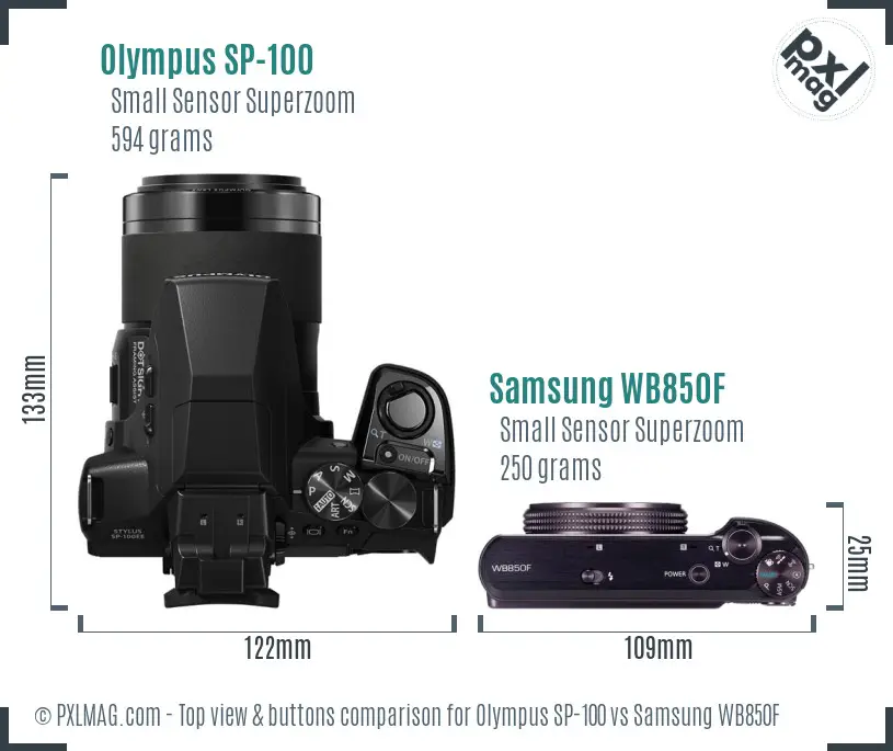 Olympus SP-100 vs Samsung WB850F top view buttons comparison