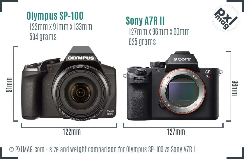 Olympus SP-100 vs Sony A7R II size comparison