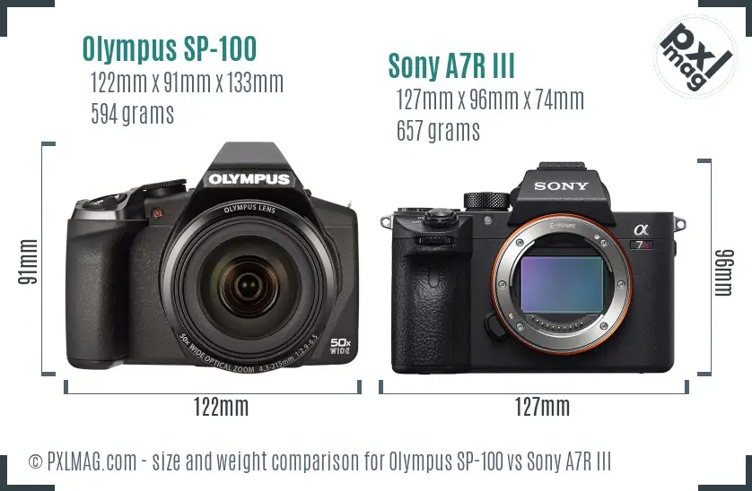 Olympus SP-100 vs Sony A7R III size comparison