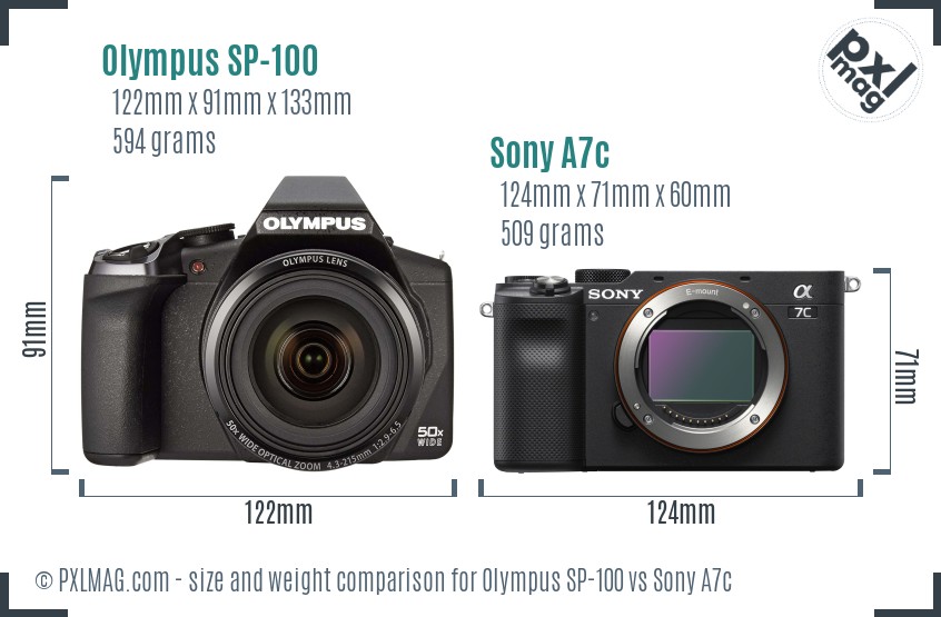 Olympus SP-100 vs Sony A7c size comparison