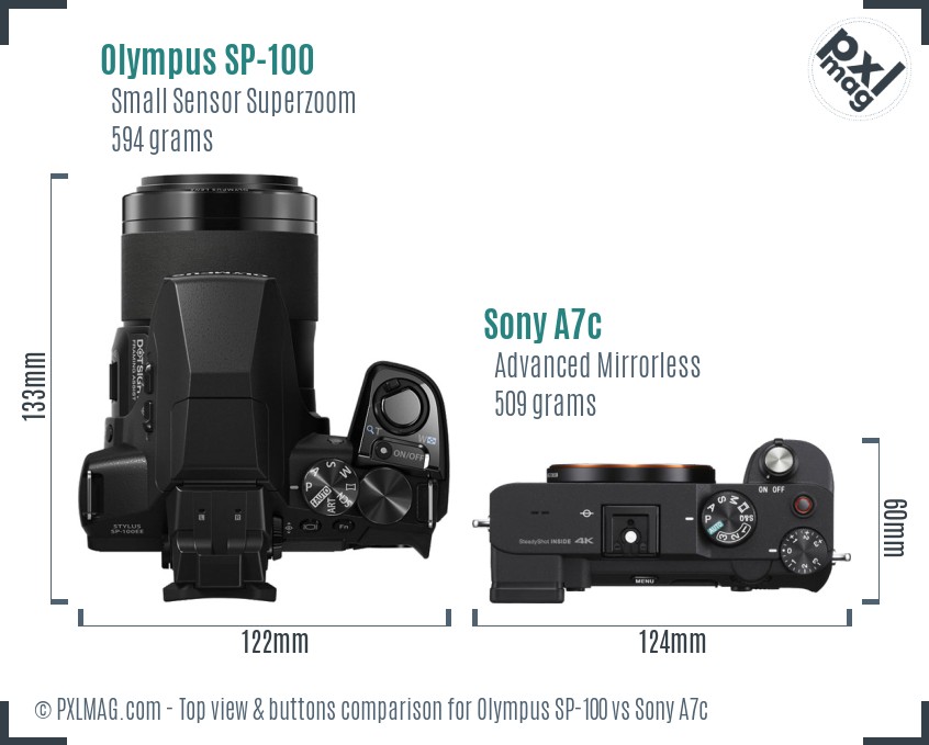 Olympus SP-100 vs Sony A7c top view buttons comparison