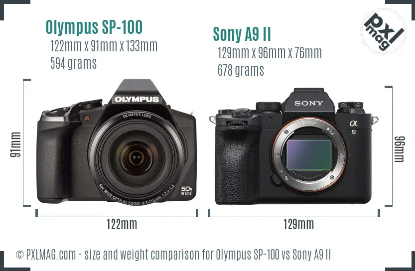 Olympus SP-100 vs Sony A9 II size comparison