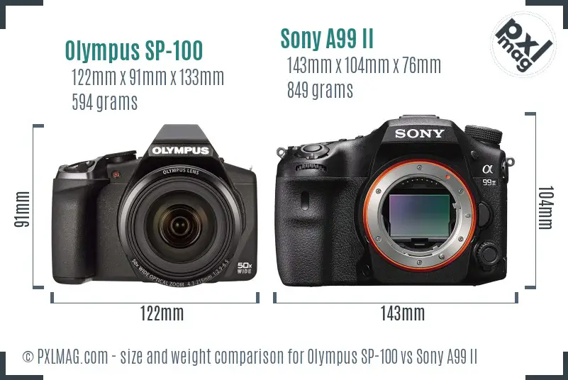 Olympus SP-100 vs Sony A99 II size comparison