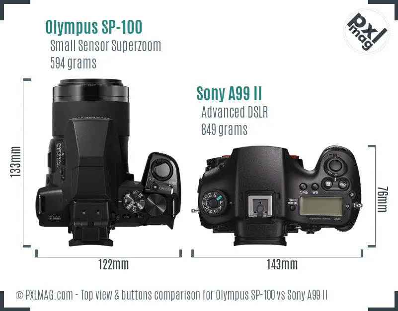 Olympus SP-100 vs Sony A99 II top view buttons comparison