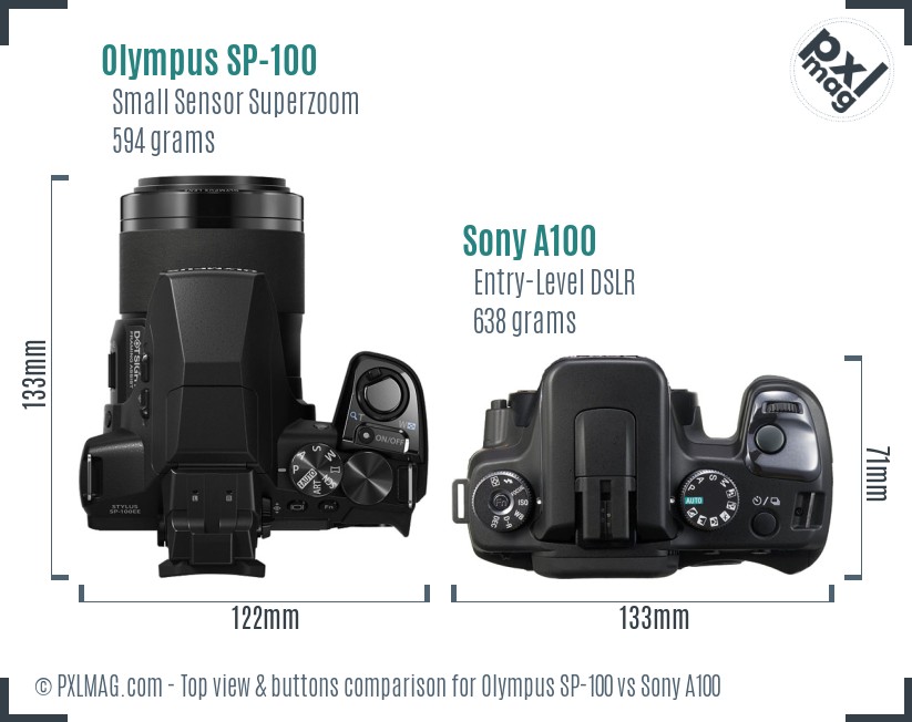 Olympus SP-100 vs Sony A100 top view buttons comparison