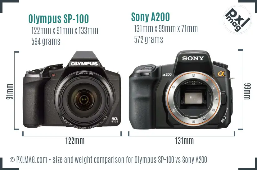Olympus SP-100 vs Sony A200 size comparison