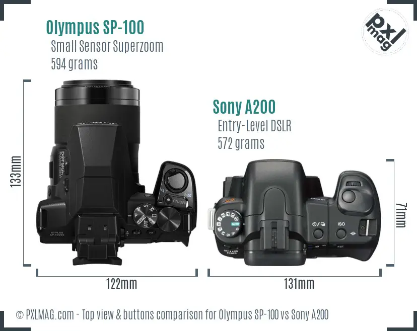 Olympus SP-100 vs Sony A200 top view buttons comparison