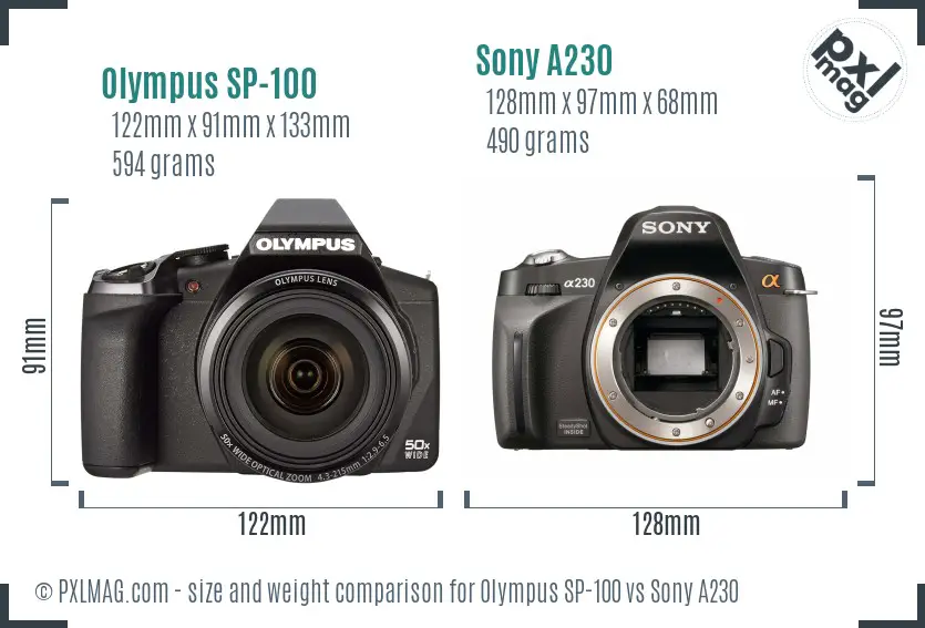 Olympus SP-100 vs Sony A230 size comparison