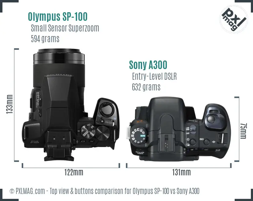 Olympus SP-100 vs Sony A300 top view buttons comparison