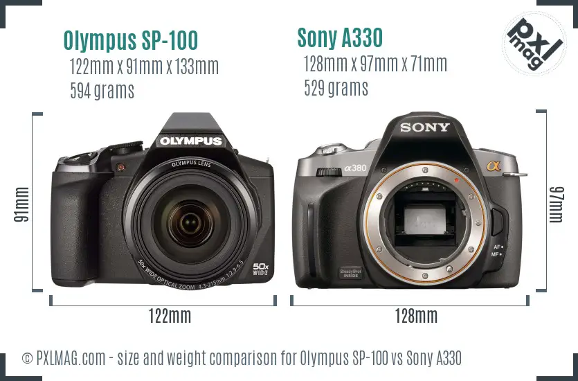 Olympus SP-100 vs Sony A330 size comparison