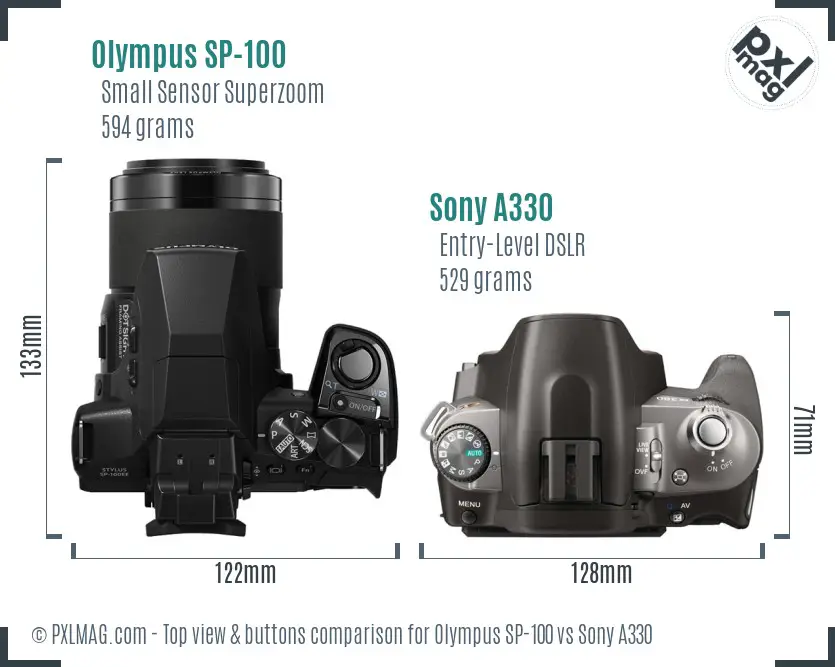 Olympus SP-100 vs Sony A330 top view buttons comparison