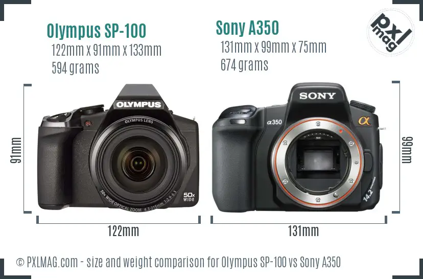Olympus SP-100 vs Sony A350 size comparison