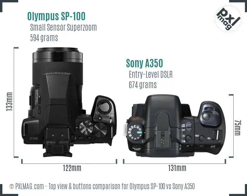 Olympus SP-100 vs Sony A350 top view buttons comparison