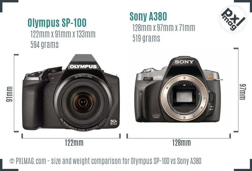 Olympus SP-100 vs Sony A380 size comparison