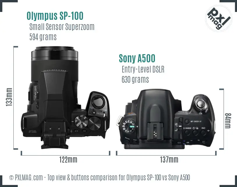 Olympus SP-100 vs Sony A500 top view buttons comparison Olympus SP-100 vs Sony A500 top view buttons comparison