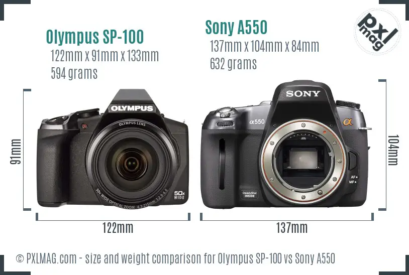 Olympus SP-100 vs Sony A550 size comparison