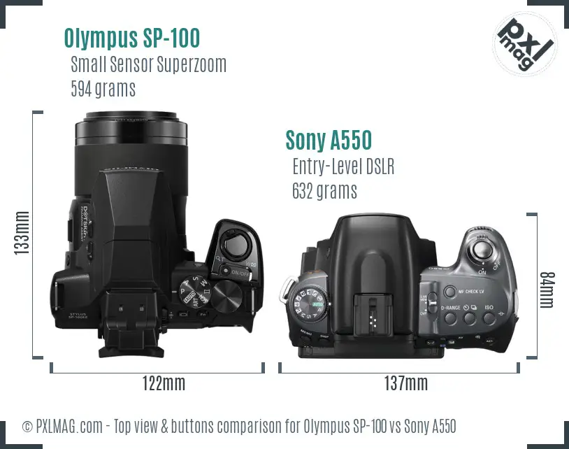 Olympus SP-100 vs Sony A550 top view buttons comparison