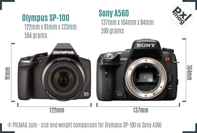 Olympus SP-100 vs Sony A560 size comparison Olympus SP-100 vs Sony A560 size comparison