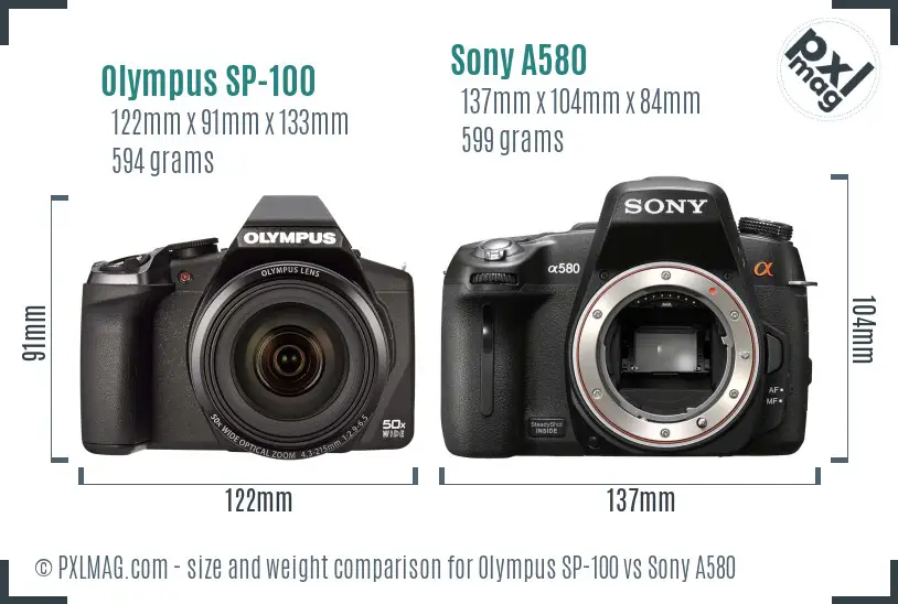 Olympus SP-100 vs Sony A580 size comparison Olympus SP-100 vs Sony A580 size comparison
