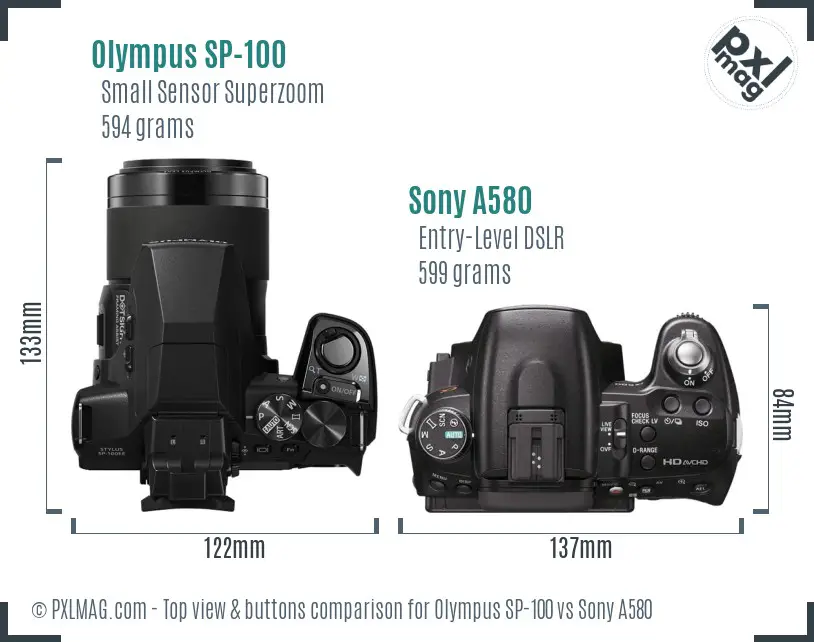 Olympus SP-100 vs Sony A580 top view buttons comparison Olympus SP-100 vs Sony A580 top view buttons comparison