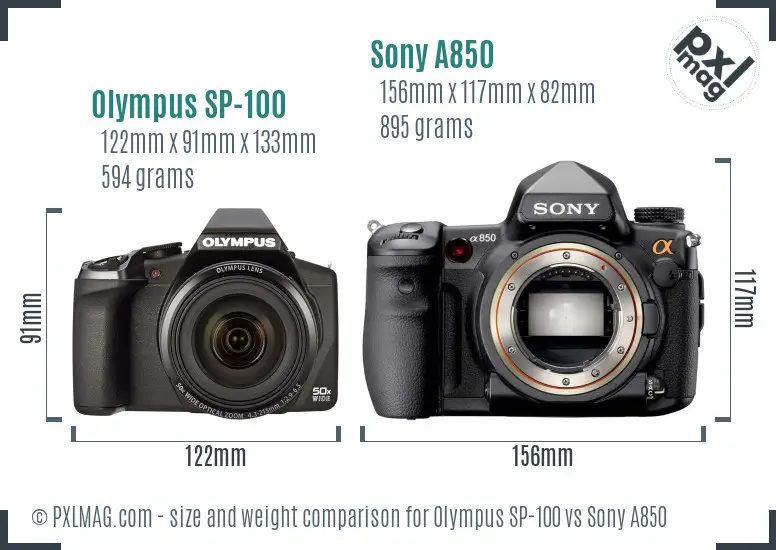 Olympus SP-100 vs Sony A850 size comparison