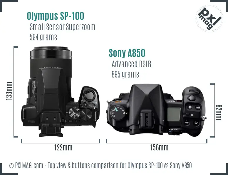Olympus SP-100 vs Sony A850 top view buttons comparison