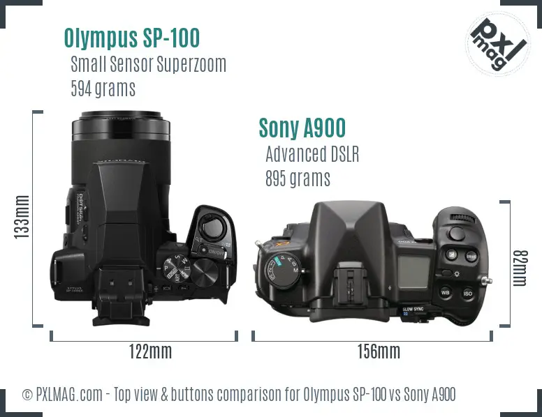 Olympus SP-100 vs Sony A900 top view buttons comparison