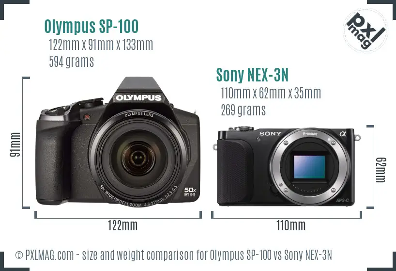 Olympus SP-100 vs Sony NEX-3N size comparison
