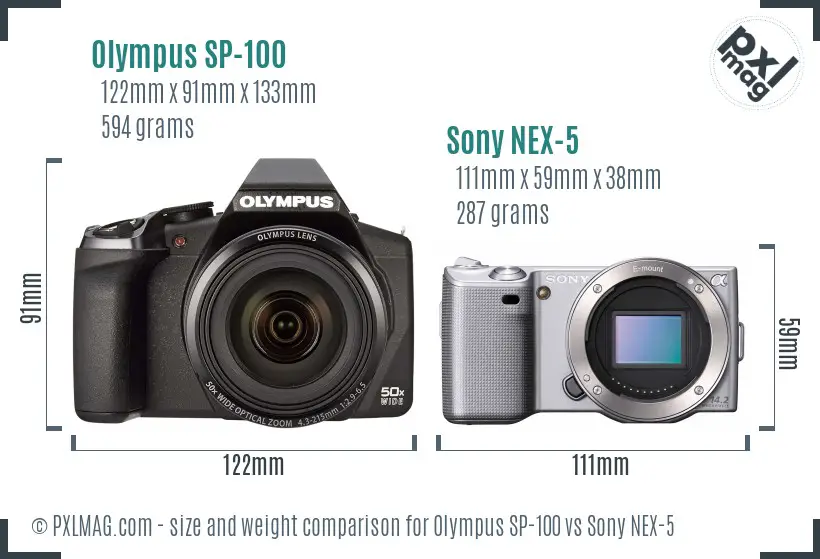 Olympus SP-100 vs Sony NEX-5 size comparison