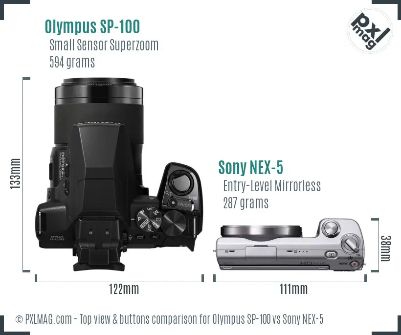 Olympus SP-100 vs Sony NEX-5 top view buttons comparison