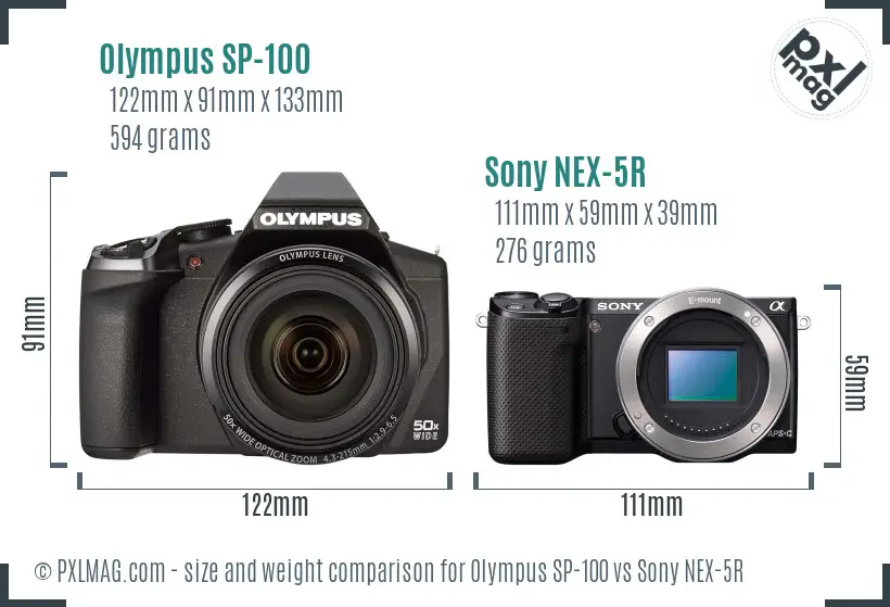 Olympus SP-100 vs Sony NEX-5R size comparison