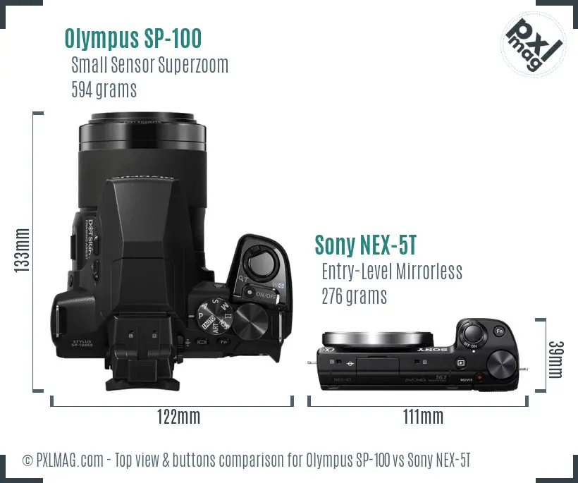 Olympus SP-100 vs Sony NEX-5T top view buttons comparison