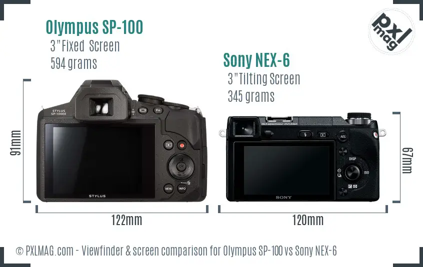 Olympus SP-100 vs Sony NEX-6 Screen and Viewfinder comparison