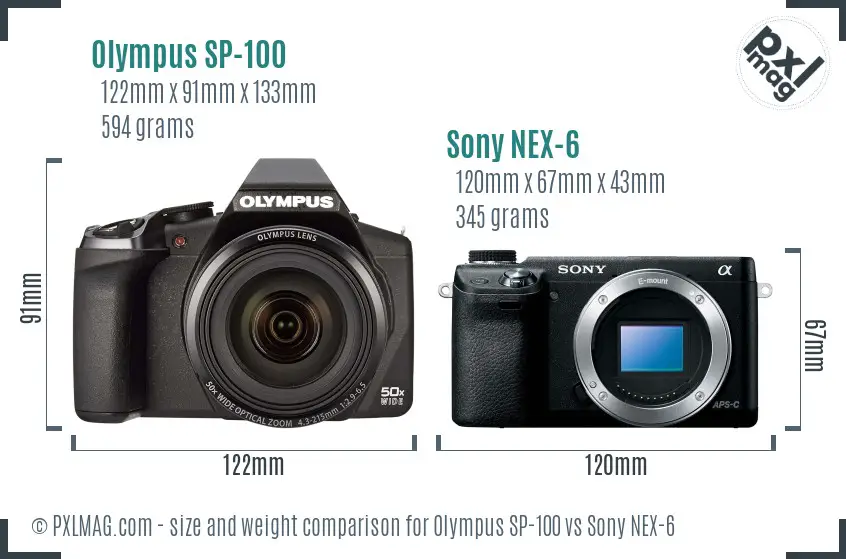 Olympus SP-100 vs Sony NEX-6 size comparison