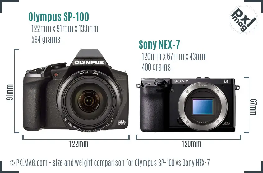 Olympus SP-100 vs Sony NEX-7 size comparison