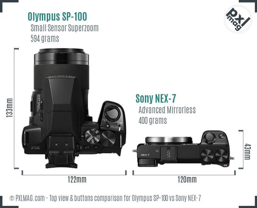 Olympus SP-100 vs Sony NEX-7 top view buttons comparison
