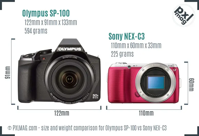 Olympus SP-100 vs Sony NEX-C3 size comparison