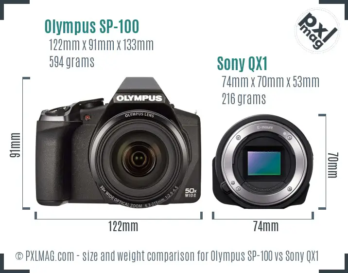 Olympus SP-100 vs Sony QX1 size comparison