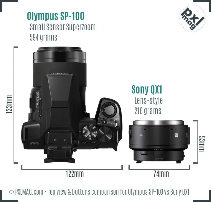 Olympus SP-100 vs Sony QX1 top view buttons comparison