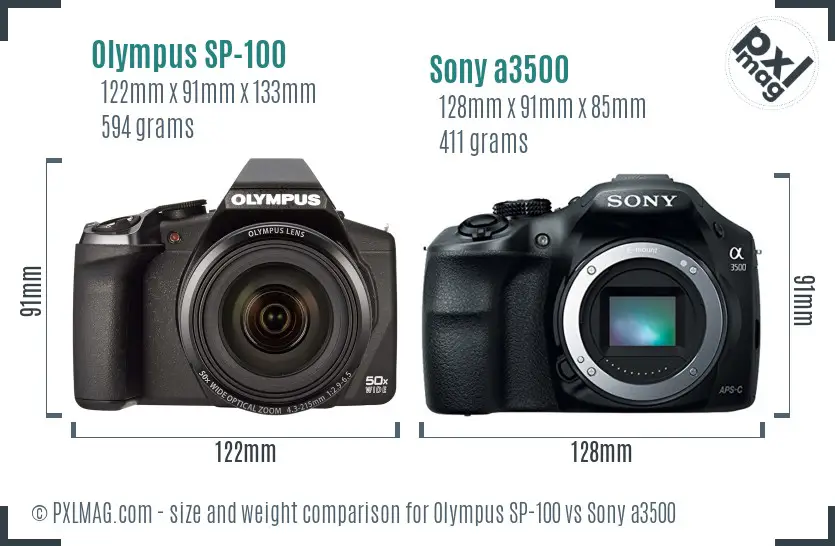 Olympus SP-100 vs Sony a3500 size comparison