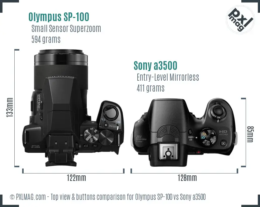 Olympus SP-100 vs Sony a3500 top view buttons comparison