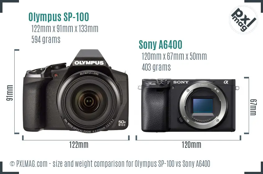 Olympus SP-100 vs Sony A6400 size comparison