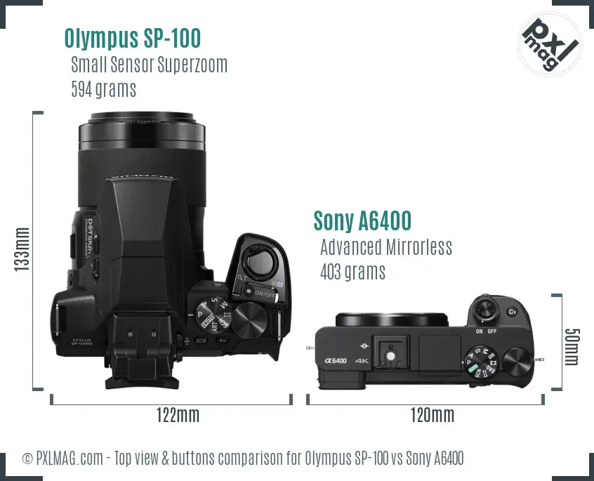 Olympus SP-100 vs Sony A6400 top view buttons comparison