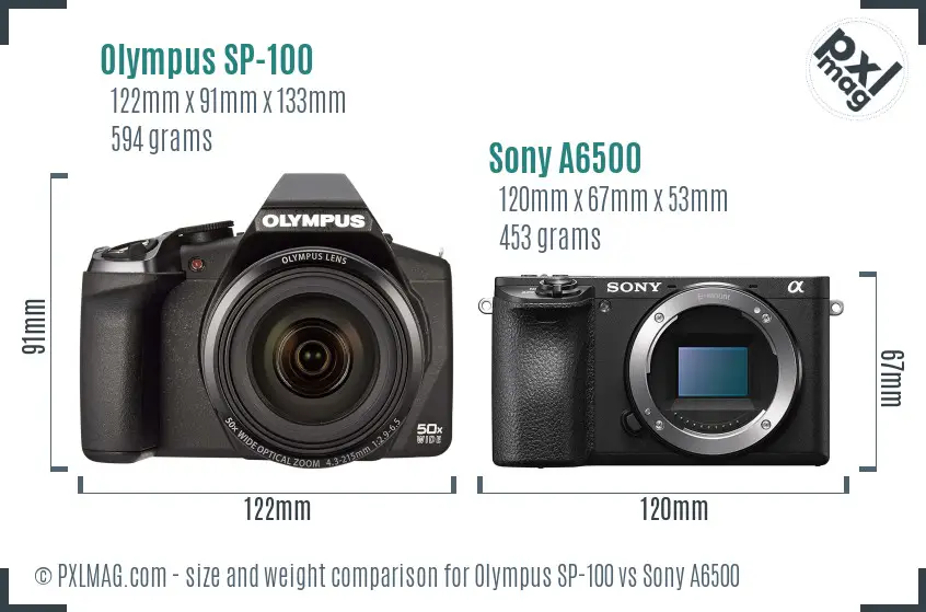 Olympus SP-100 vs Sony A6500 size comparison