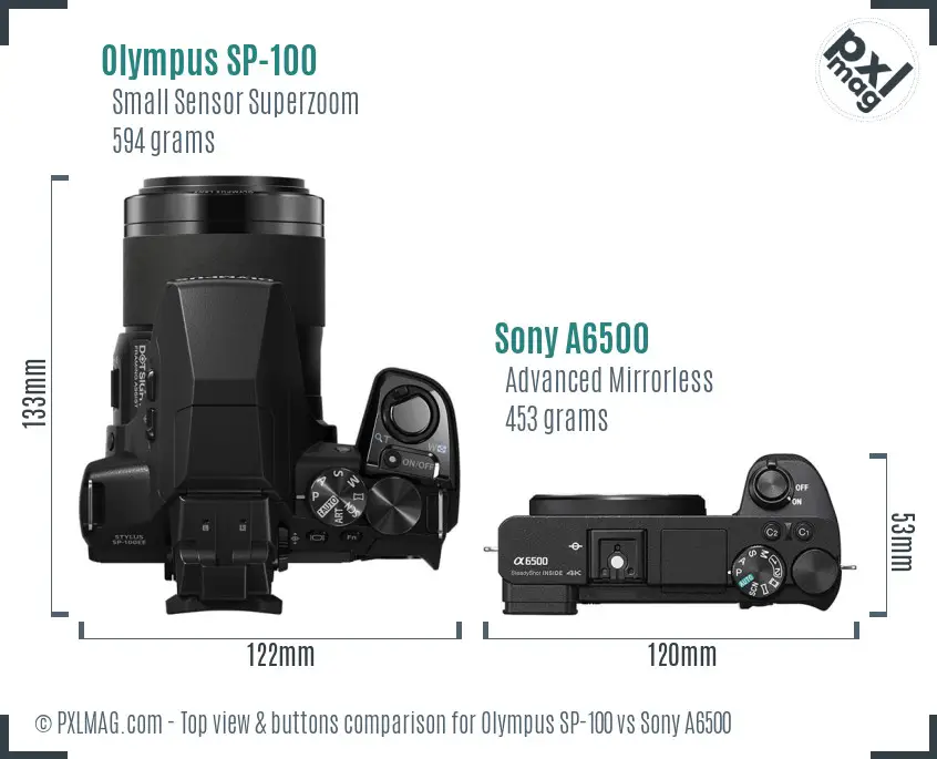 Olympus SP-100 vs Sony A6500 top view buttons comparison