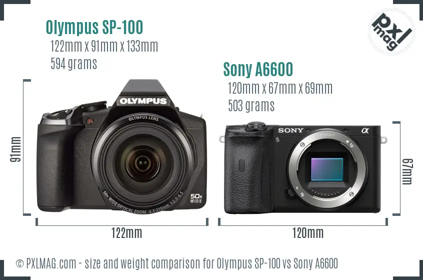 Olympus SP-100 vs Sony A6600 size comparison