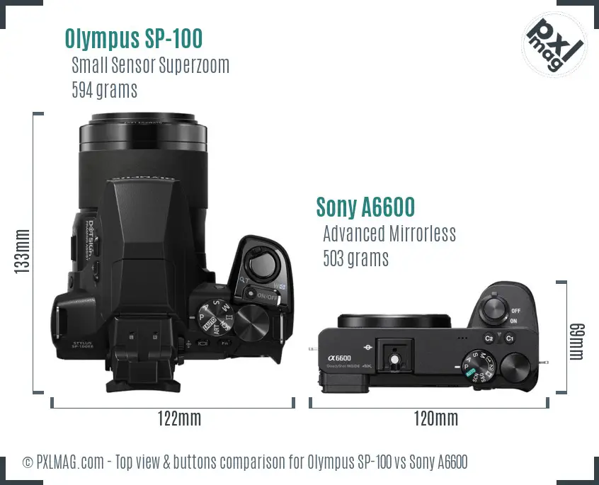 Olympus SP-100 vs Sony A6600 top view buttons comparison