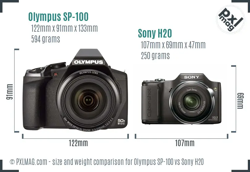 Olympus SP-100 vs Sony H20 size comparison